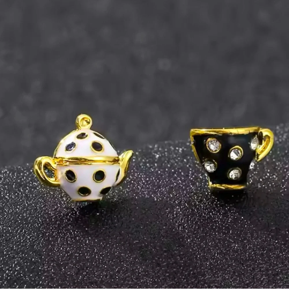 Alice In Wonderland Gold Enameled Black & White Teapot & Teacup Stud Earrings - Picture 1 of 10
